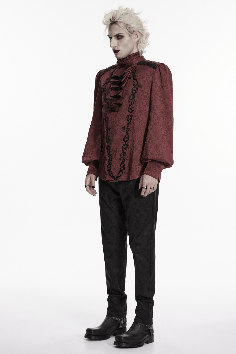 Model wearing Burgundy Gothic Jacquard Shirt with Coffin Embroidery styled with dark pants and boots.