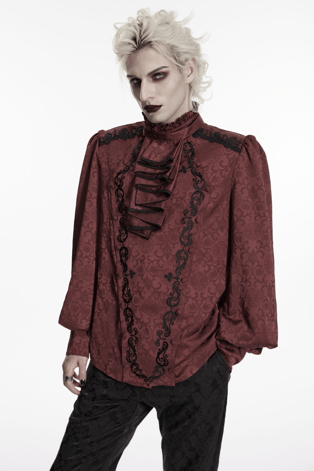 Burgundy Gothic Jacquard Shirt with Coffin Embroidery showcasing intricate designs and stylish fit.