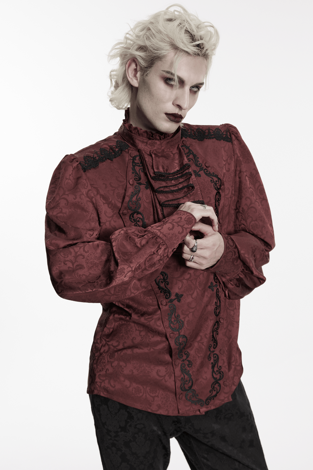 Burgundy Gothic Jacquard Shirt with Coffin Embroidery styled on model with bold makeup.