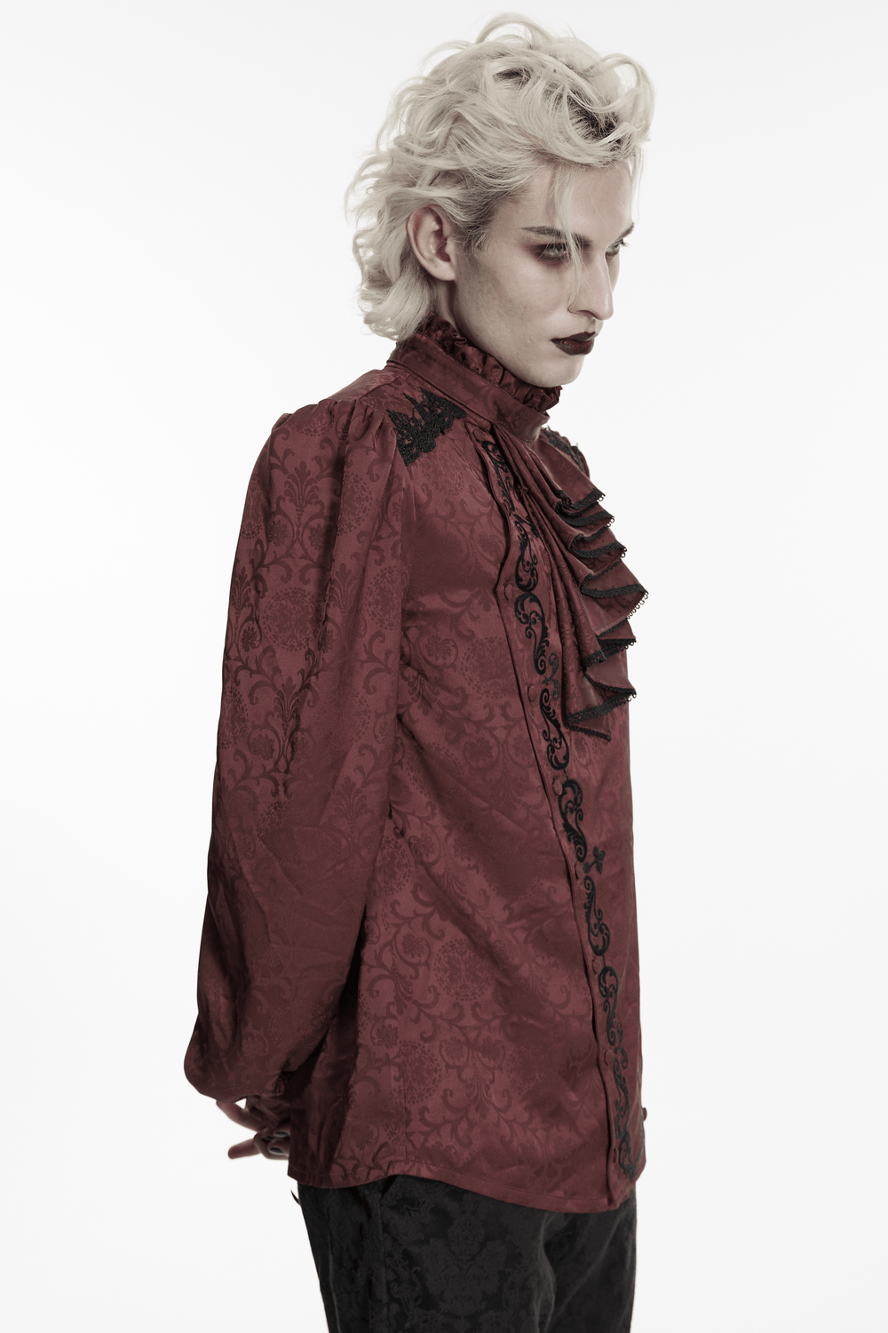 Burgundy Gothic Jacquard Shirt with Coffin Embroidery displayed elegantly.