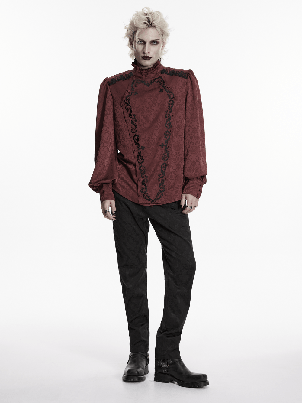 Burgundy Gothic Jacquard Shirt with Coffin Embroidery worn by a model, featuring intricate details and a dramatic style.