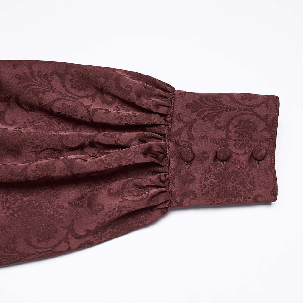 Close-up of the sleeve detail on the Burgundy Gothic Jacquard Shirt with Coffin Embroidery showcasing intricate fabric.