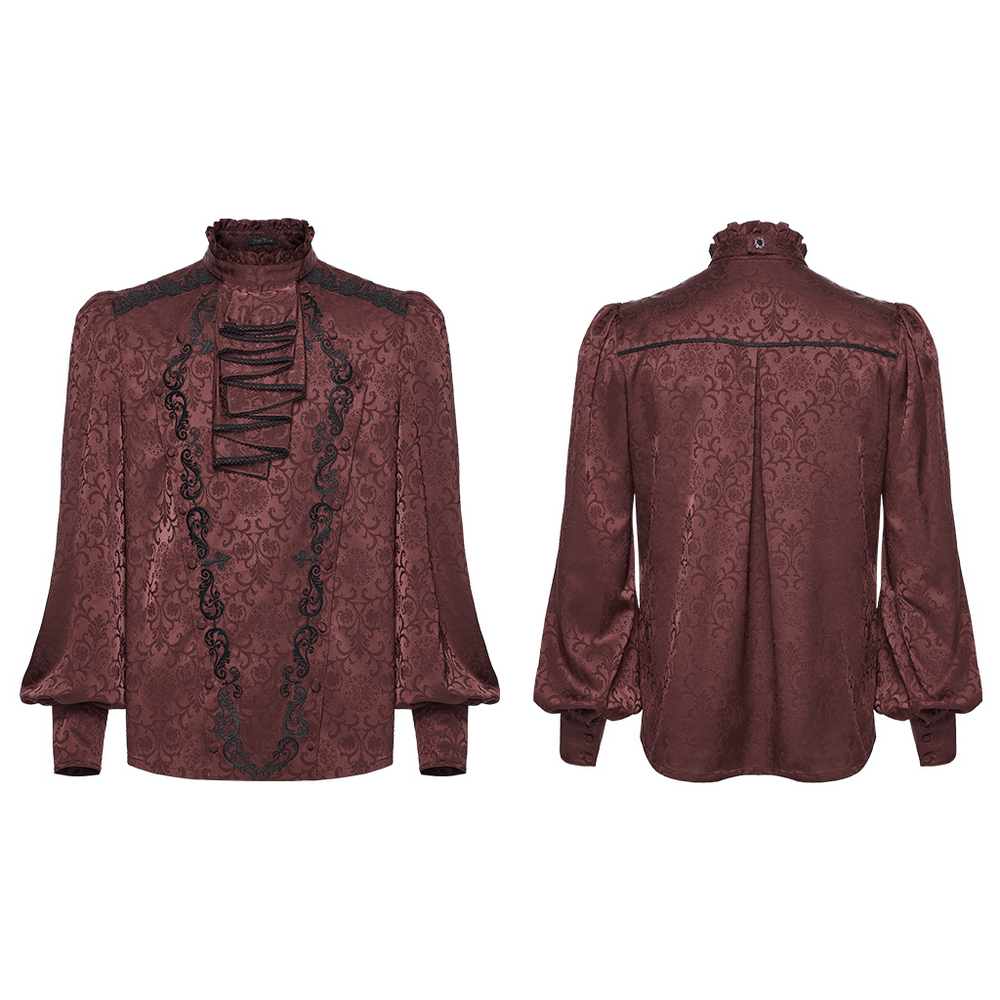 Burgundy Gothic Jacquard Shirt with Coffin Embroidery featuring intricate lace details and puffed sleeves.