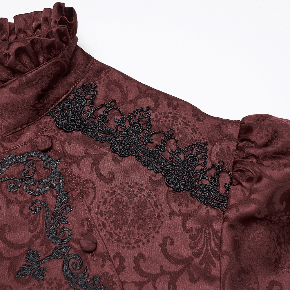 Burgundy Gothic Jacquard Shirt with Coffin Embroidery featuring intricate lace details and elegant design.