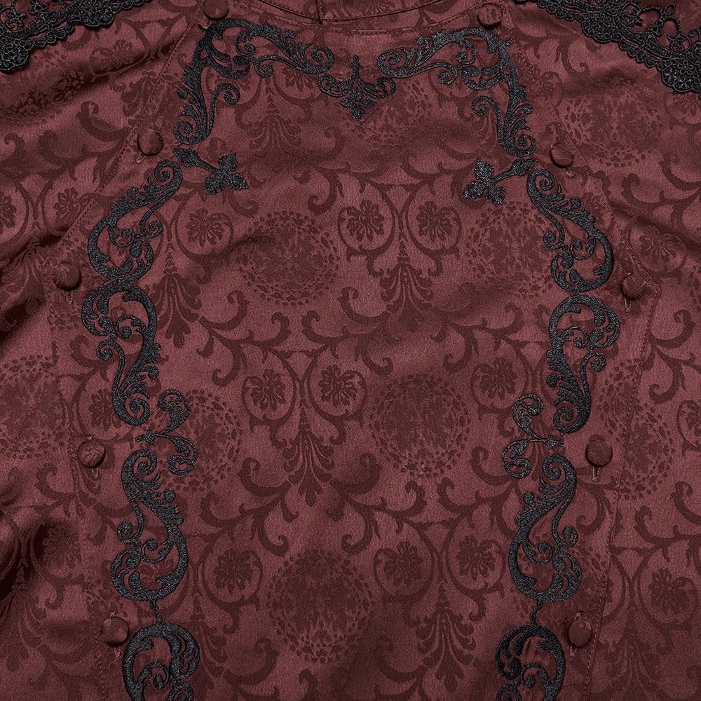 Burgundy Gothic Jacquard Shirt with Coffin Embroidery showcasing intricate patterns and elegant black details.