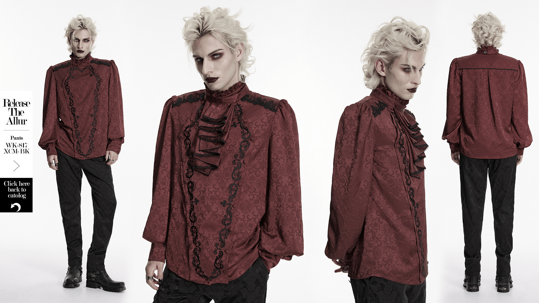 Burgundy Gothic Jacquard Shirt with Coffin Embroidery showcased in multiple angles.