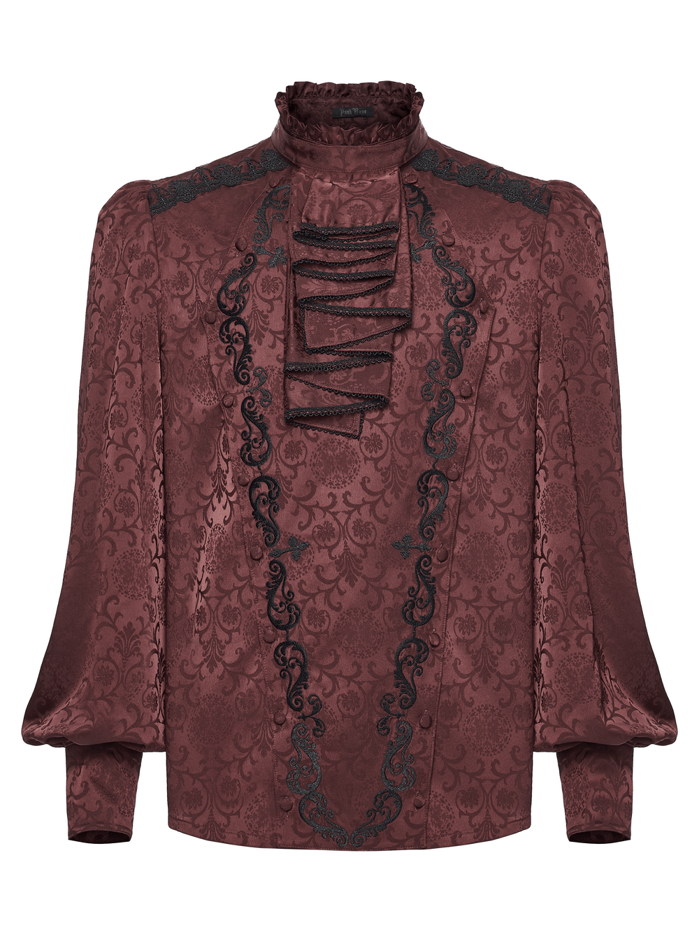 Burgundy Gothic Jacquard Shirt with Coffin Embroidery featuring elegant patterns and unique coffin detailing.