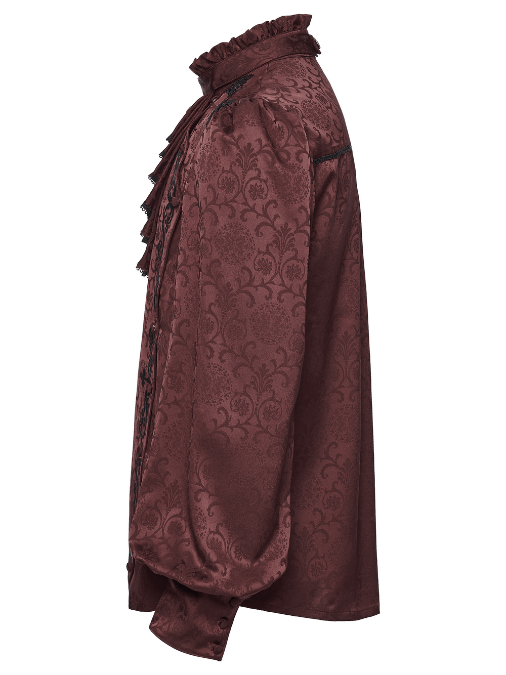 Burgundy Gothic Jacquard Shirt with Coffin Embroidery displayed from the side, featuring elegant ruffle details.