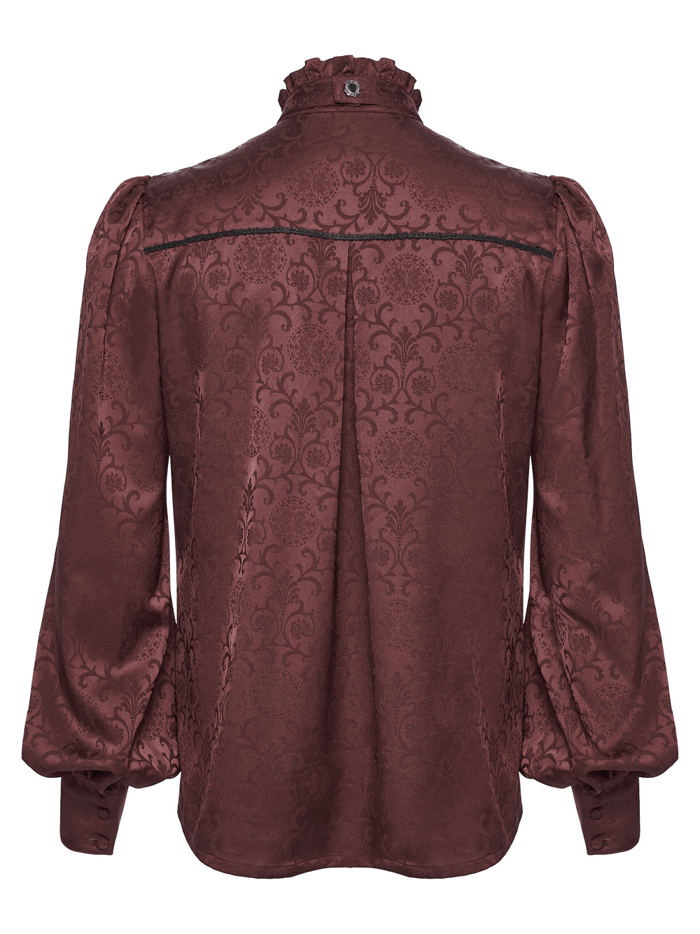Burgundy Gothic Jacquard Shirt with Coffin Embroidery, showing the stylish back with textured fabric and puffed sleeves.