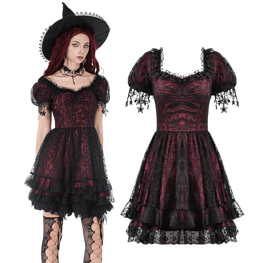 Burgundy Gothic Lace Corset Dress with Star Charm Sleeves featuring layered skirt and puff sleeves, perfect for goth events.