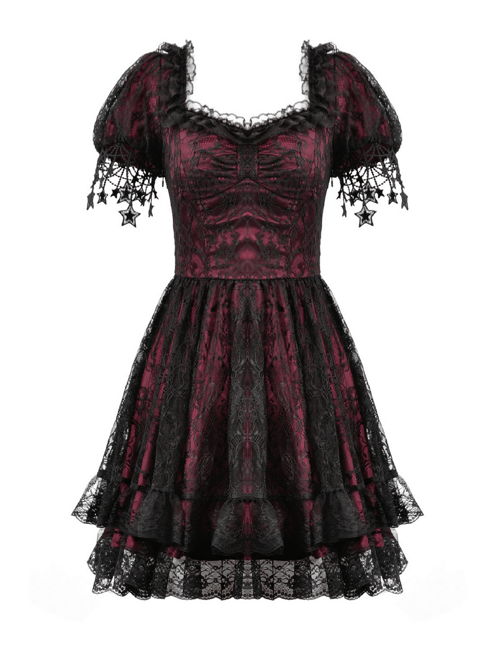 Burgundy Gothic Lace Corset Dress with Star Charm Sleeves featuring puff sleeves and layered lace skirt.