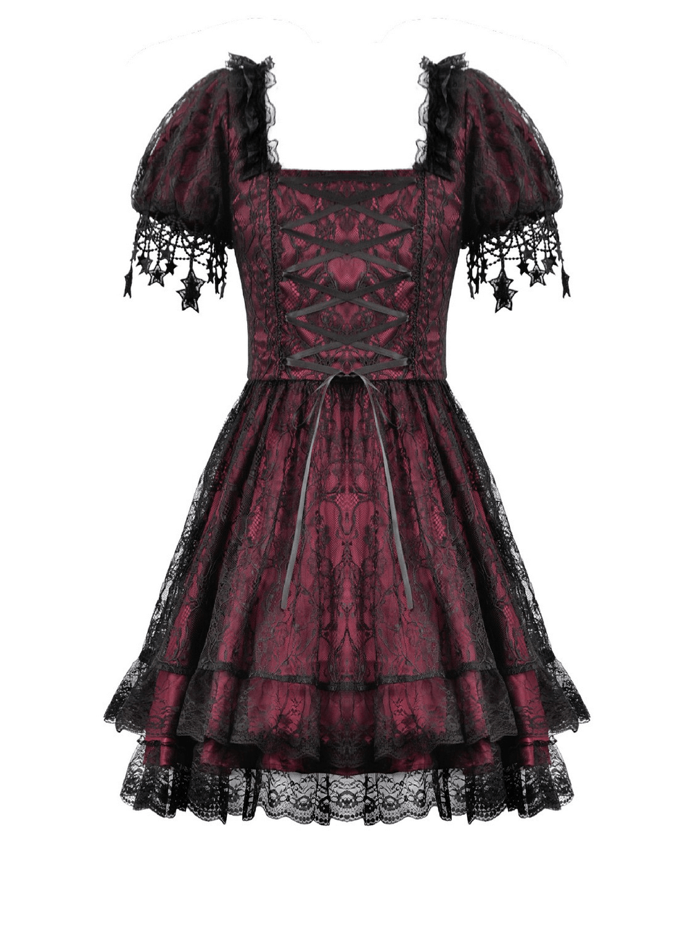 Burgundy Gothic Lace Corset Dress with Star Charm Sleeves featuring puff sleeves and lace overlay skirt.