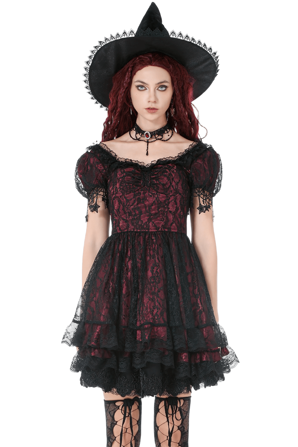 Burgundy Gothic Lace Corset Dress with Star Charm Sleeves worn by a model in a witch hat.