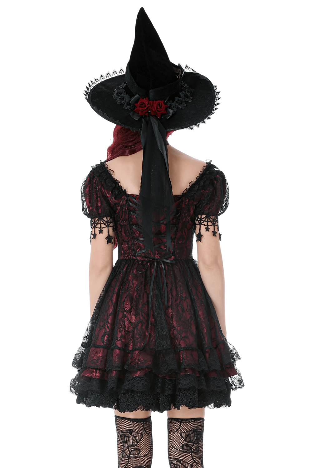 Burgundy Gothic Lace Corset Dress with Star Charm Sleeves showcasing a layered skirt and star lace details.