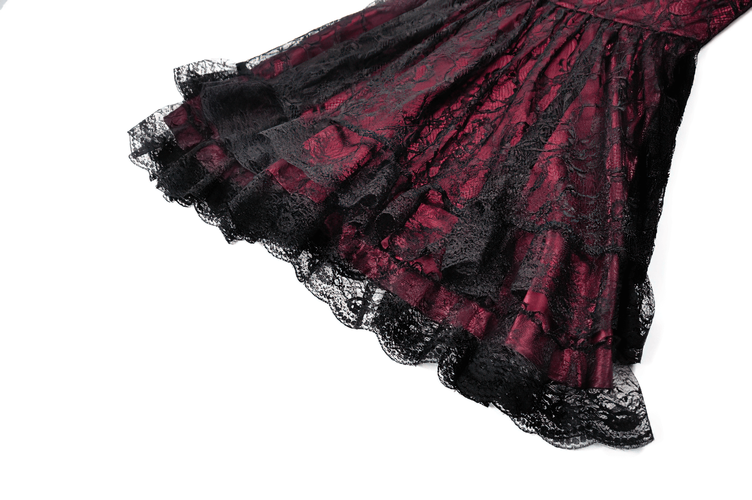 Burgundy Gothic Lace Corset Dress with Star Charm Sleeves featuring layered lace skirt and dramatic hemline.