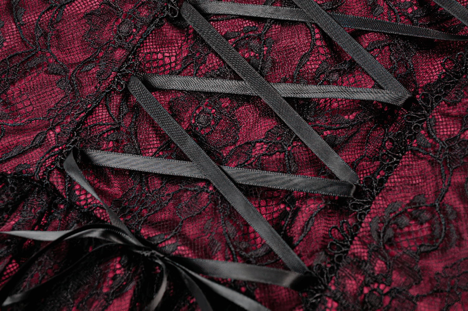 Burgundy Gothic Lace Corset Dress with Star Charm Sleeves detail featuring lace-up panel and black satin ribbons.