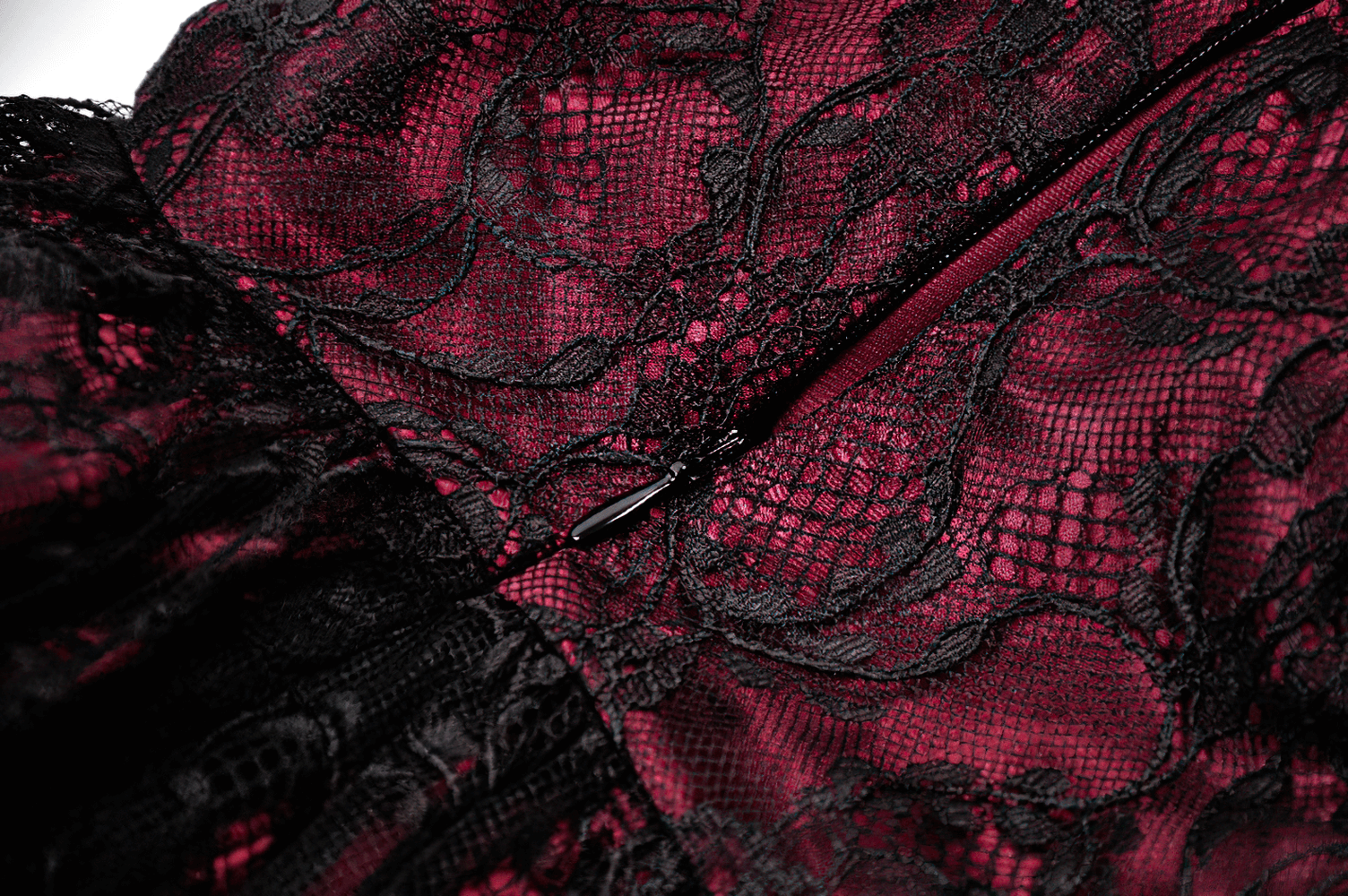 Close-up of burgundy lace detail on the Burgundy Gothic Lace Corset Dress with Star Charm Sleeves.