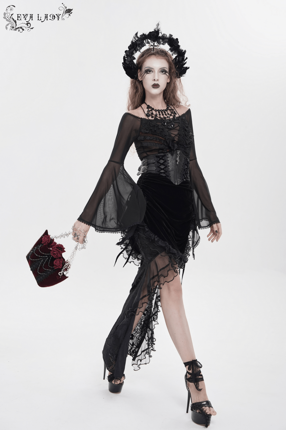 Burgundy Gothic Rose Handbag with Lace and Chains held by model in black lace gothic dress, velvet rose appliques and heart chain strap