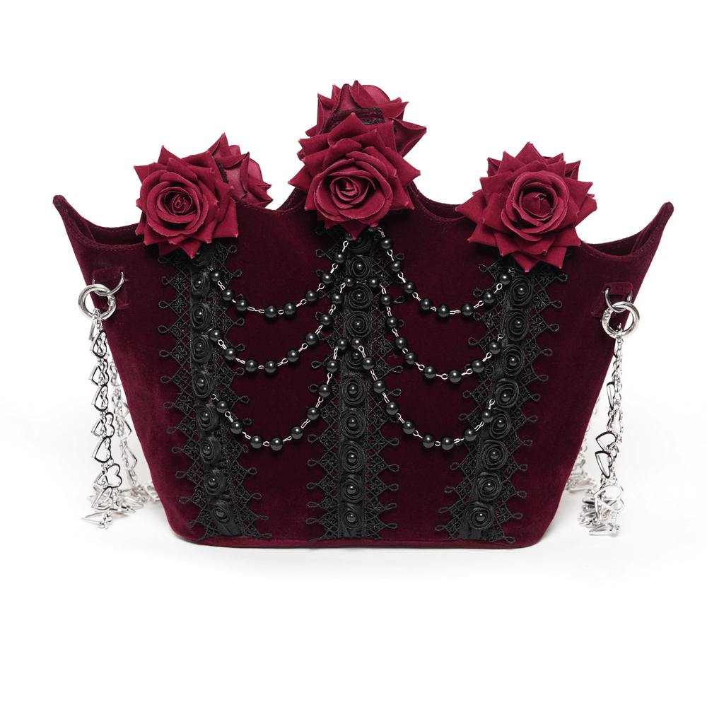 Alt Tag: Burgundy Gothic Rose Handbag with Lace and Chains, velvet floral purse with black lace panels, bead drapes, and silver heart chain straps
