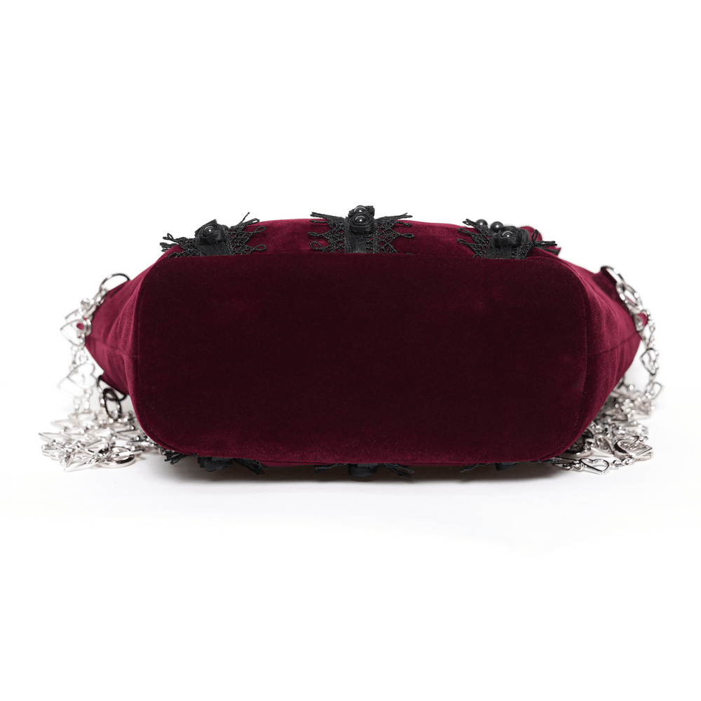 Burgundy Gothic Rose Handbag with Lace and Chains velvet base view with black lace trim and silver heart chain straps