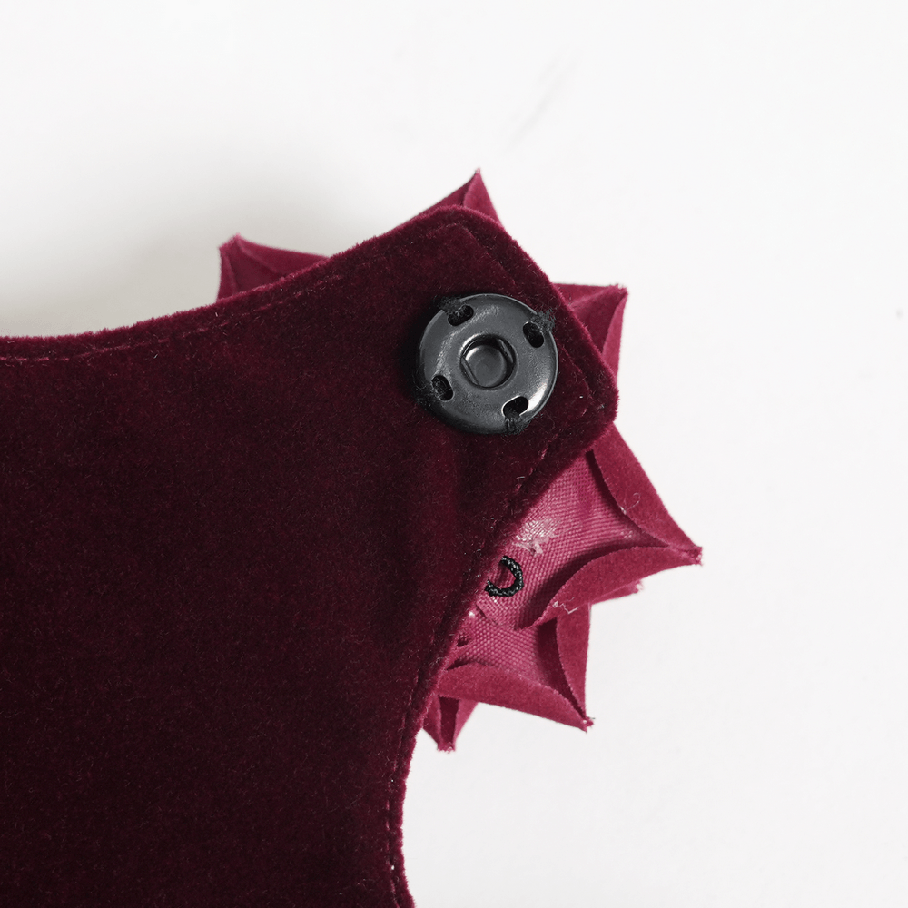 Alt Tag: Burgundy Gothic Rose Handbag with Lace and Chains close-up, burgundy velvet rose appliqué with black snap button detail