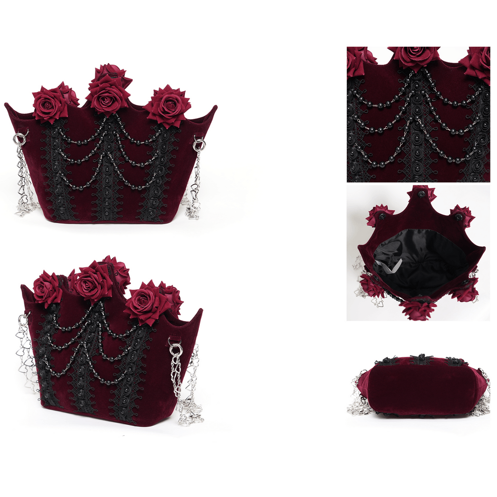 Alt Tag: Burgundy Gothic Rose Handbag with Lace and Chains, burgundy velvet floral purse with rose appliques, black lace panels & heart chain straps