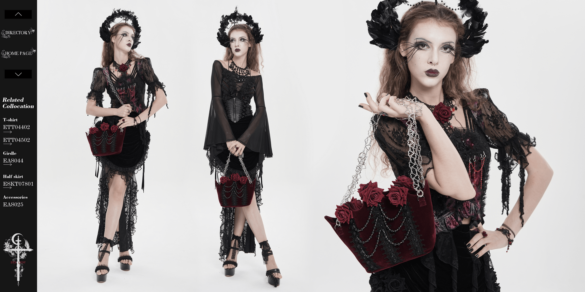 Alt Tag: Burgundy Gothic Rose Handbag with Lace and Chains in burgundy velvet with rose appliques, black lace panels, bead drapes and silver heart chain