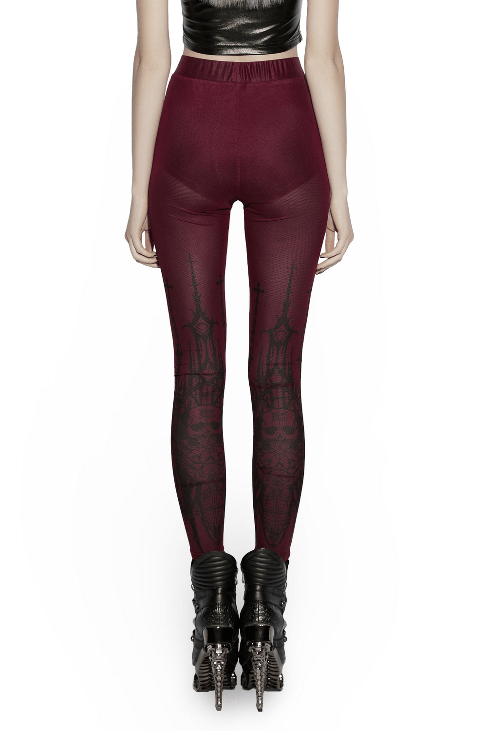 Burgundy Gothic Skull Church Print Mesh Leggings showcased from the back, featuring skull and church designs.