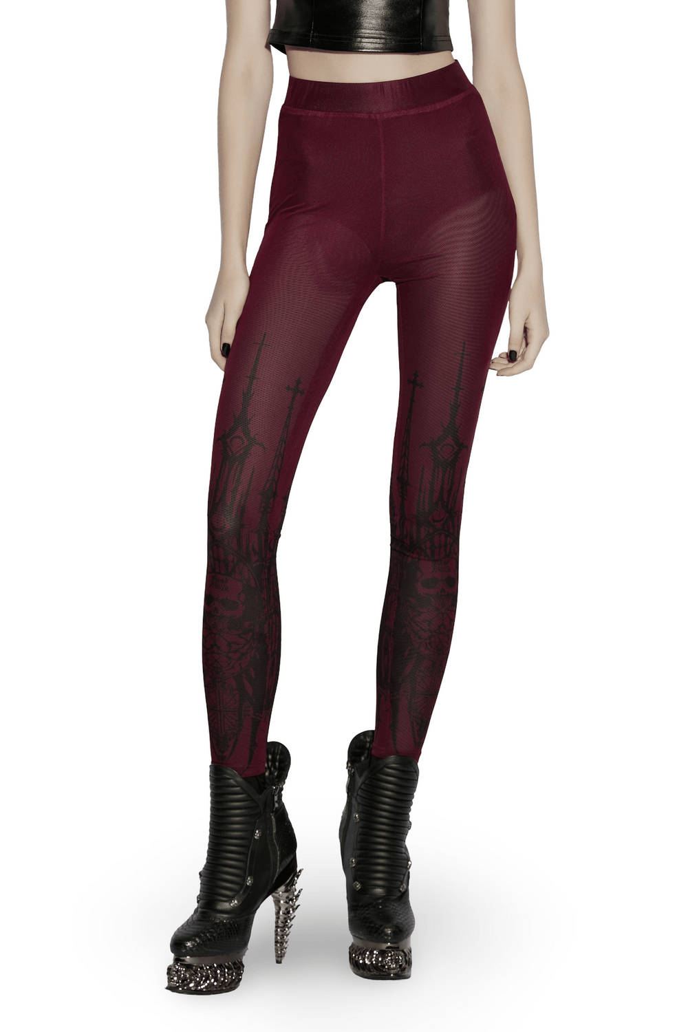 Burgundy Gothic Skull Church Print Mesh Leggings with striking skull and church artwork for a dark, edgy style.