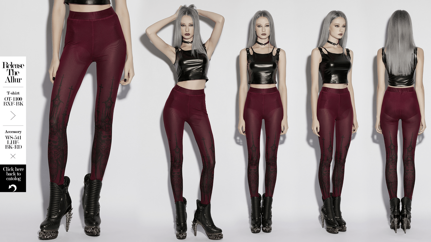 Burgundy Gothic Skull Church Print Mesh Leggings showcased on a model, featuring skull artwork and a stylish dark aesthetic.
