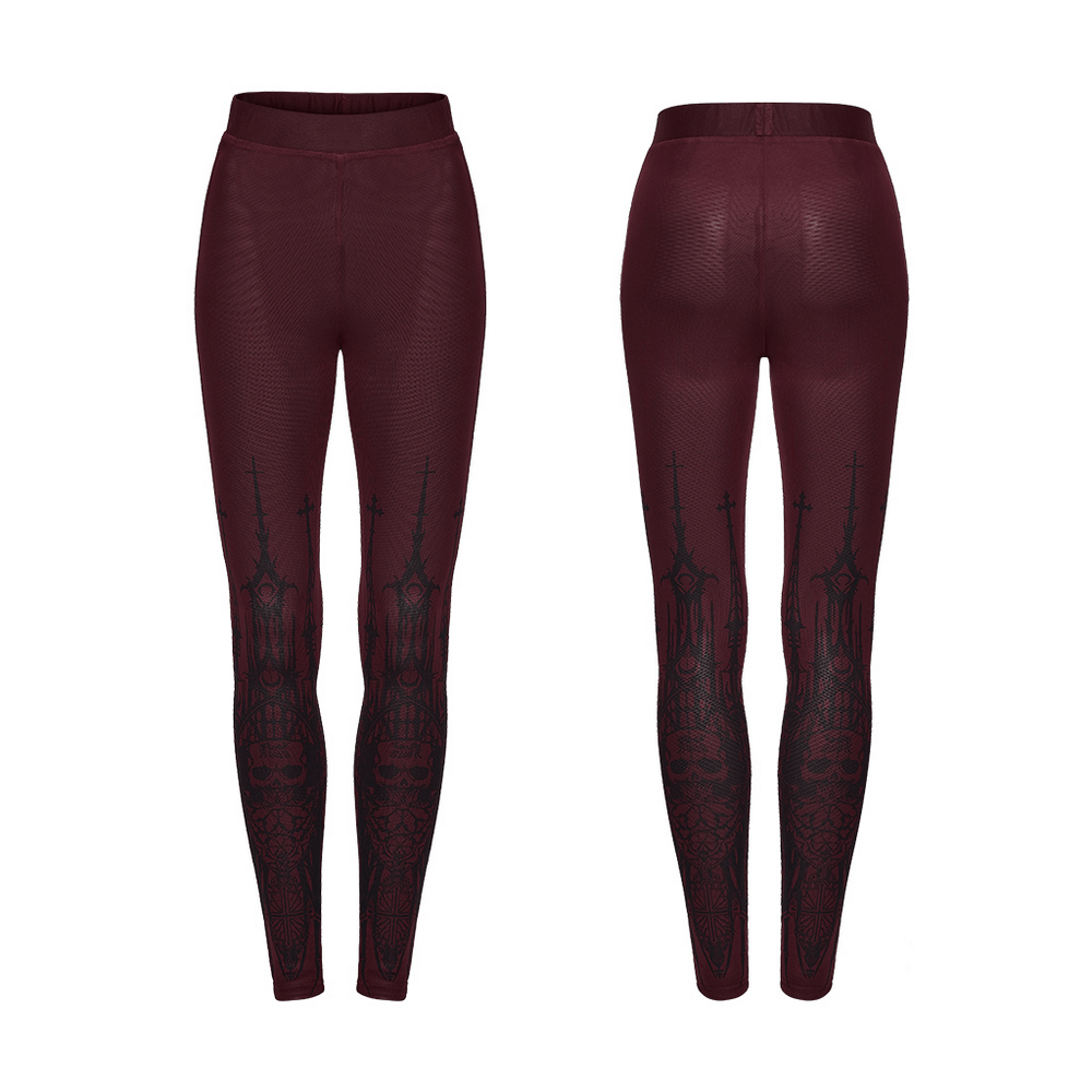 Burgundy Gothic Skull Church Print Mesh Leggings featuring skull and church artwork on a dark burgundy background.