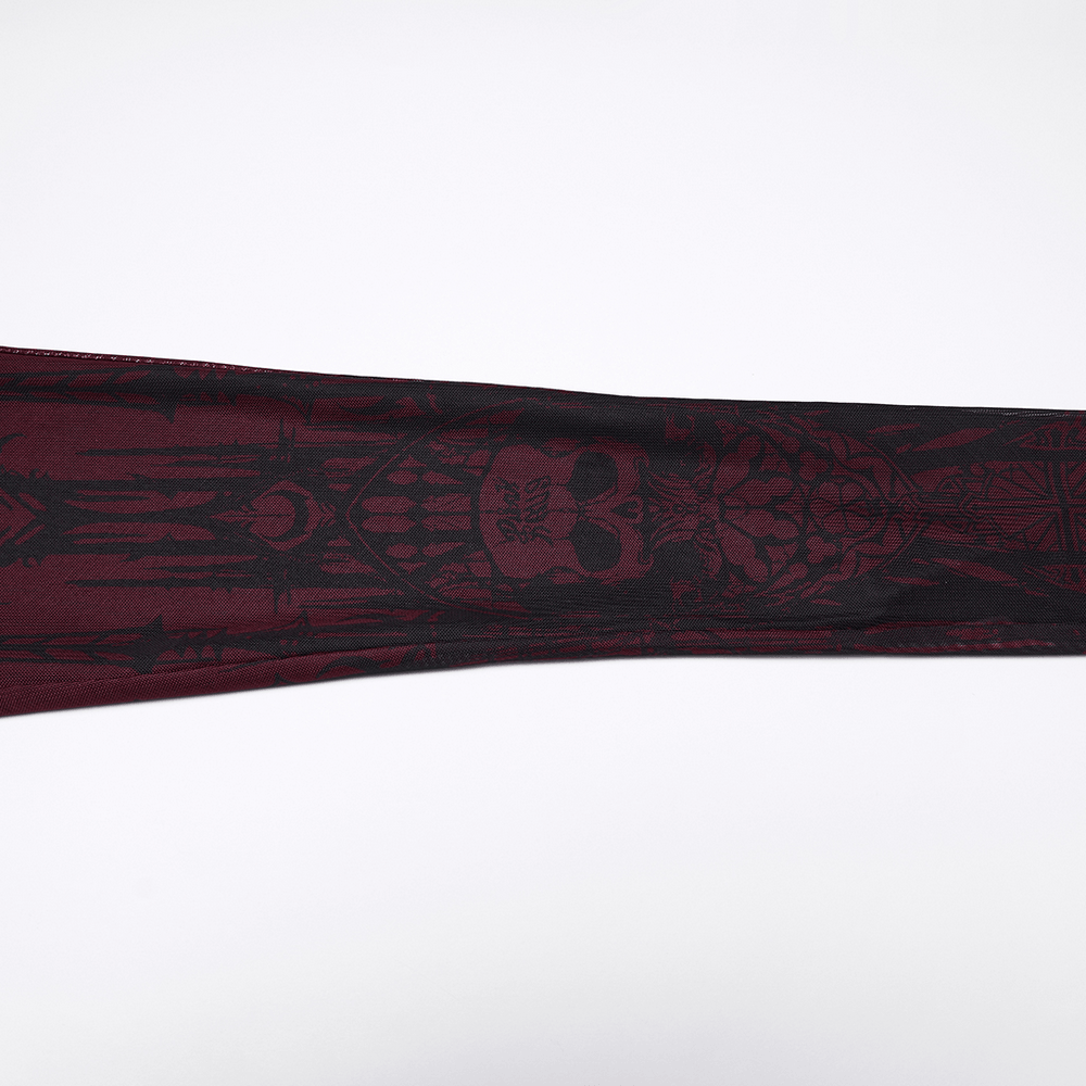 Burgundy Gothic Skull Church Print Mesh Leggings showcasing dark skull artwork on elastic mesh fabric.