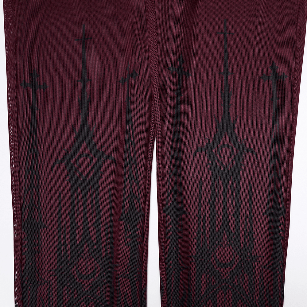 Burgundy Gothic Skull Church Print Mesh Leggings featuring intricate church artwork and cross designs on a rich burgundy background.