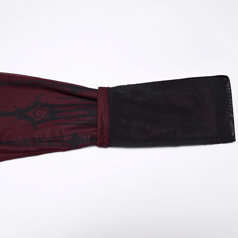 Burgundy Gothic Skull Church Print Mesh Leggings showing detailed artwork and elastic waistband.