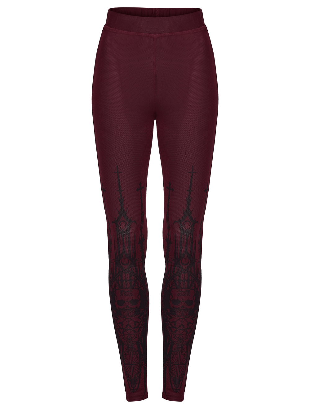 Burgundy Gothic Skull Church Print Mesh Leggings featuring striking skull and church artwork on a stylish silhouette.