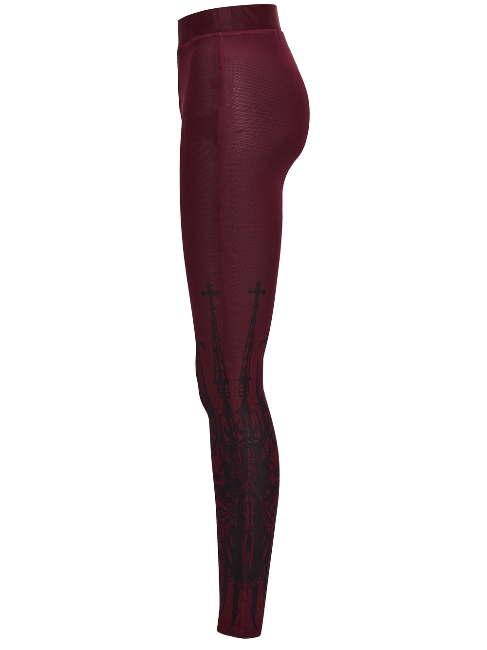 Burgundy Gothic Skull Church Print Mesh Leggings showcasing striking skull and church artwork on a soft mesh fabric.