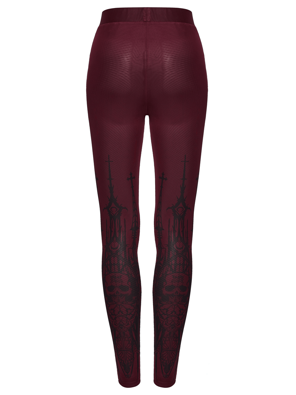 Burgundy Gothic Skull Church Print Mesh Leggings showcasing a striking skull and church artwork along the legs.