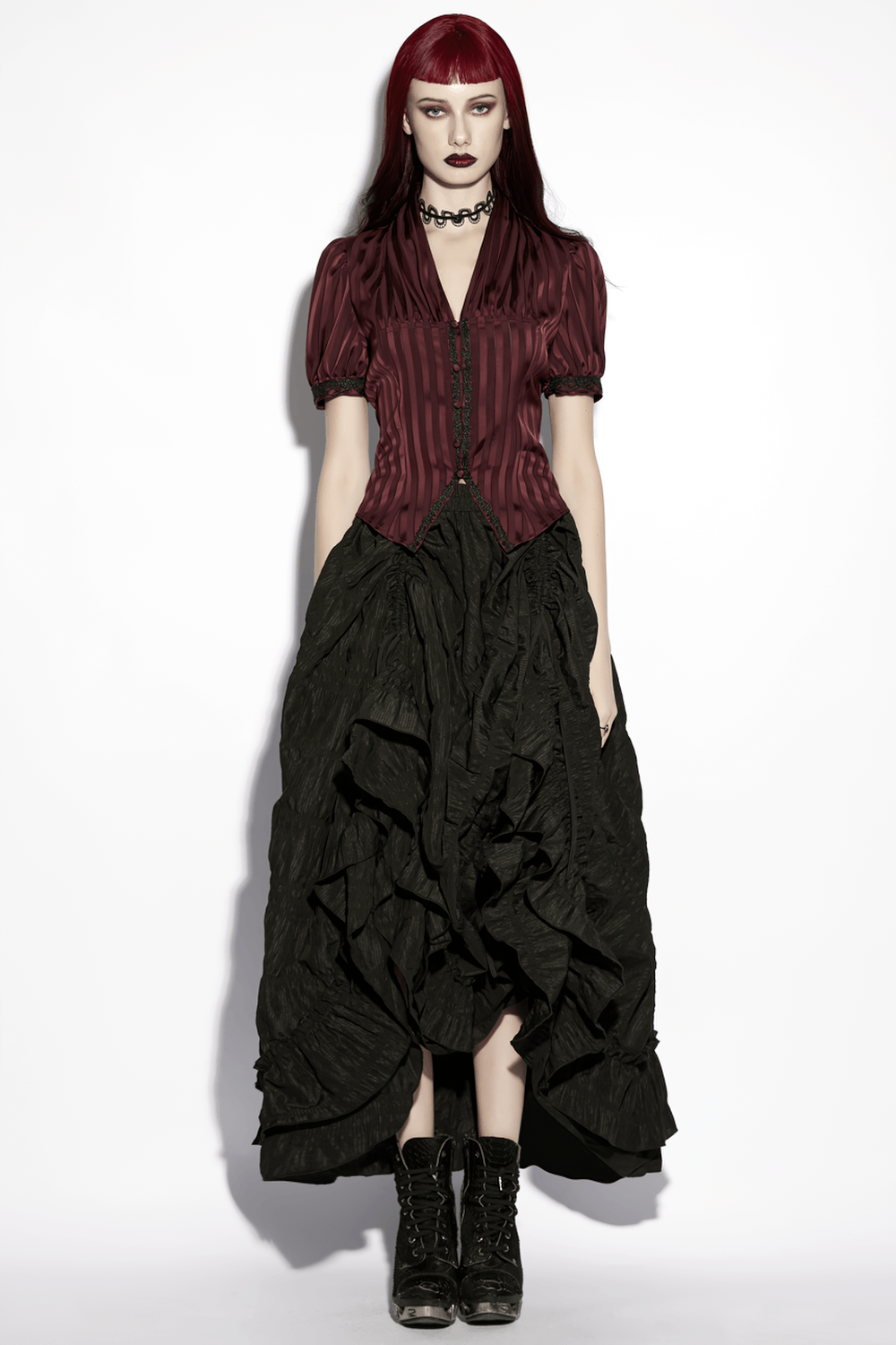 Burgundy Gothic Striped Lace-Up Puff Sleeve Shirt worn with a flowing black skirt, showcasing gothic elegance.