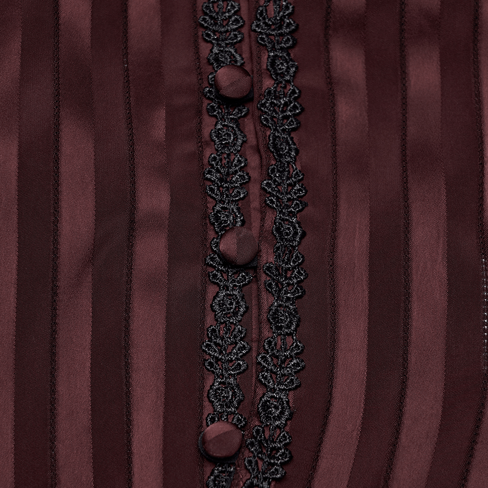 Burgundy Gothic Striped Lace-Up Puff Sleeve Shirt featuring intricate lace trim and buttons in a close-up view.