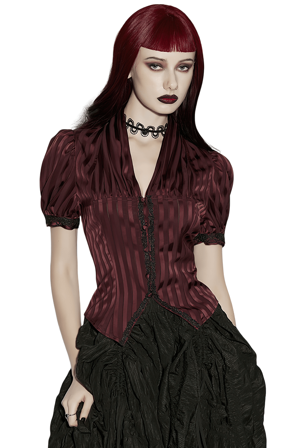 Burgundy Gothic Striped Lace-Up Puff Sleeve Shirt worn by a model with red hair and a black skirt.