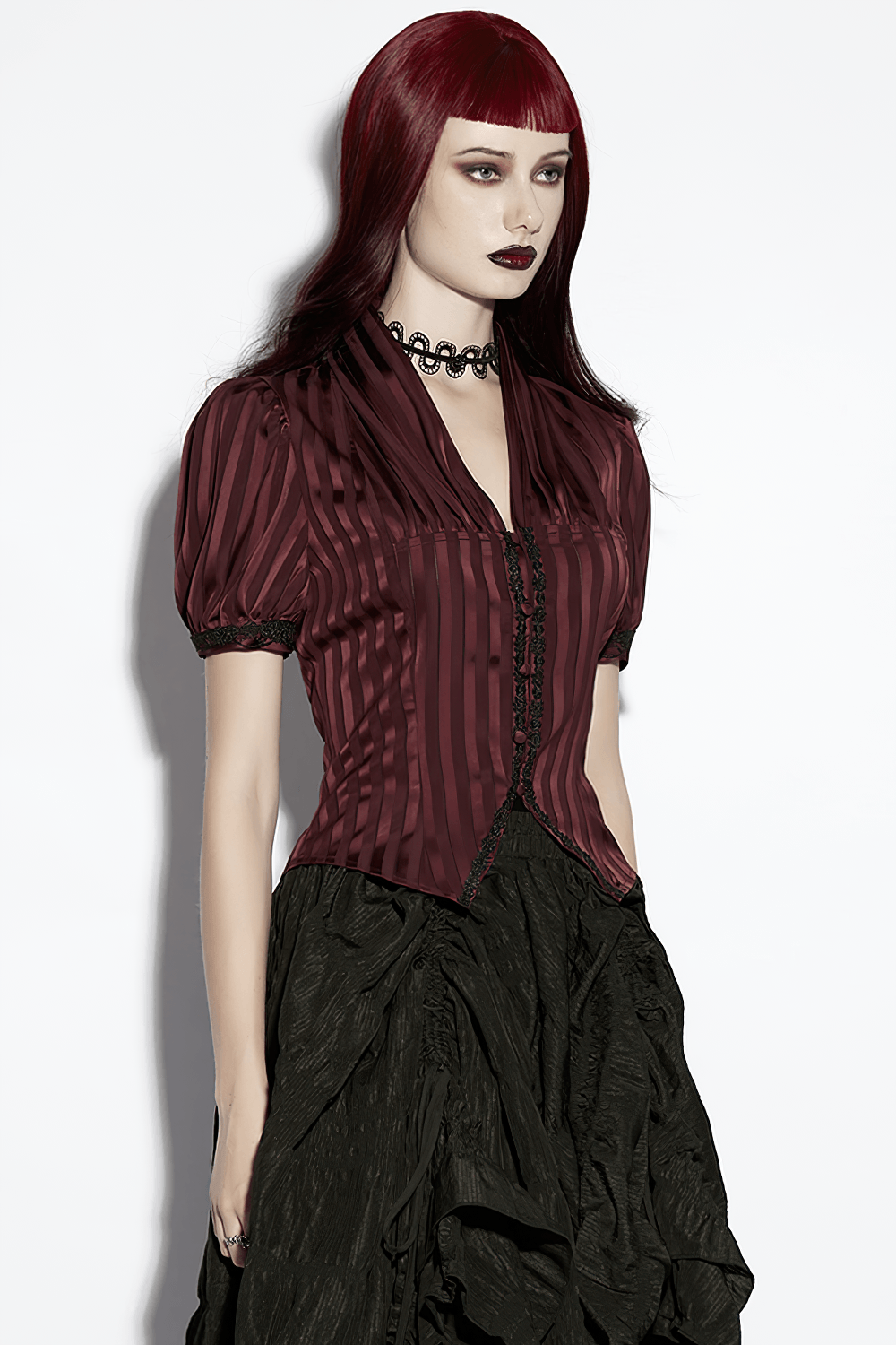Burgundy Gothic Striped Lace-Up Puff Sleeve Shirt displayed on a model with gothic style accessories.