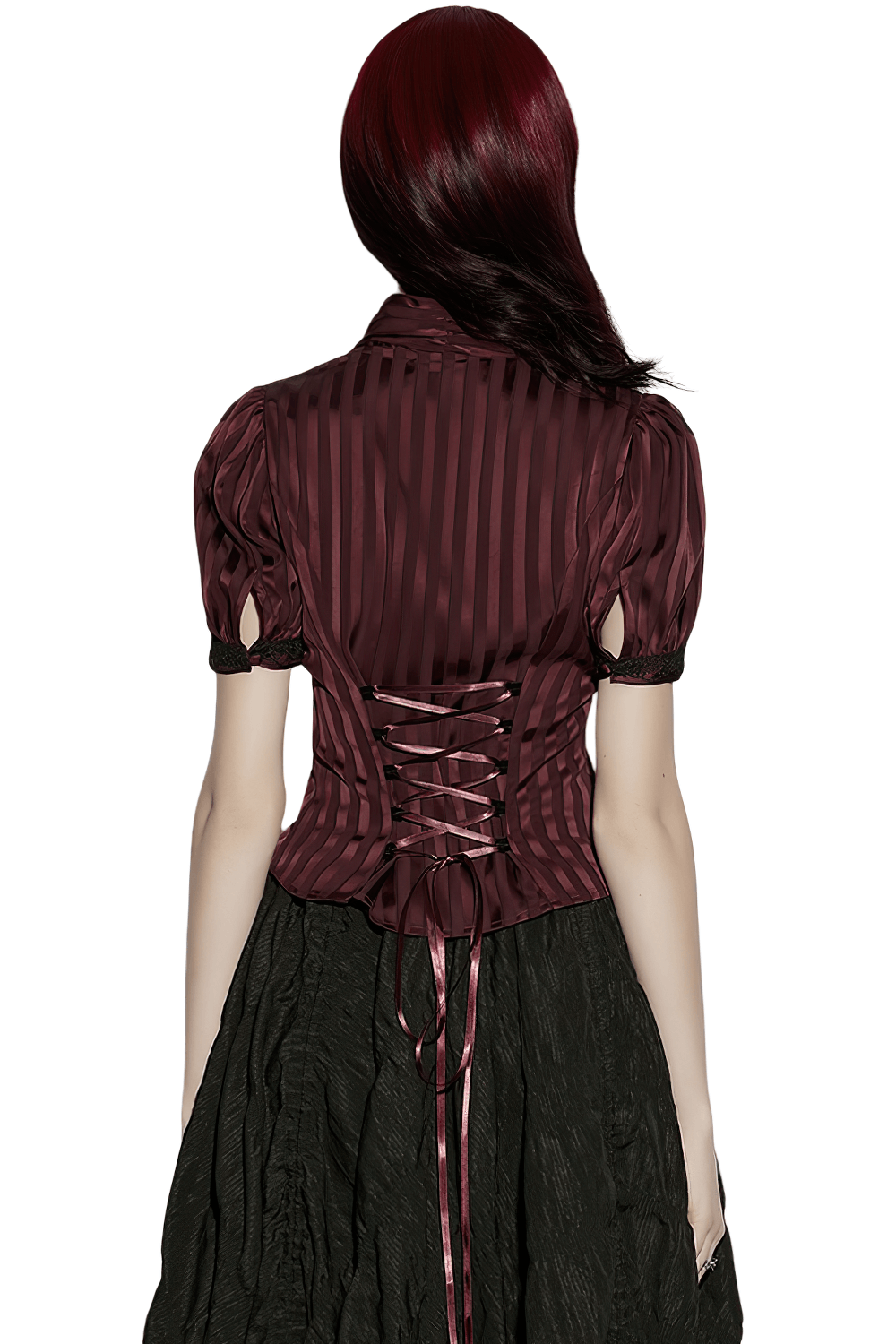 Burgundy Gothic Striped Lace-Up Puff Sleeve Shirt showcasing the lace-up back and elegant puff sleeves.