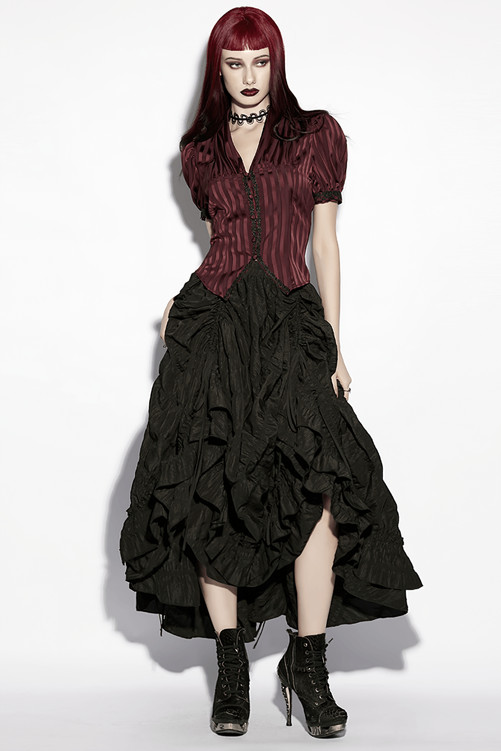 Burgundy Gothic Striped Lace-Up Puff Sleeve Shirt paired with a dramatic black ruffled skirt, showcasing an edgy goth style.