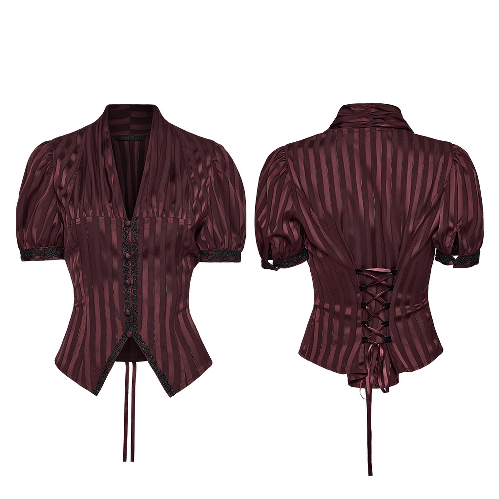 Burgundy Gothic Striped Lace-Up Puff Sleeve Shirt with lace trim and V-neck design, showcasing a vintage-inspired silhouette.