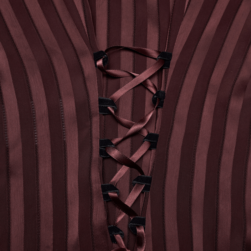Close-up of the lace-up detail on the Burgundy Gothic Striped Lace-Up Puff Sleeve Shirt.