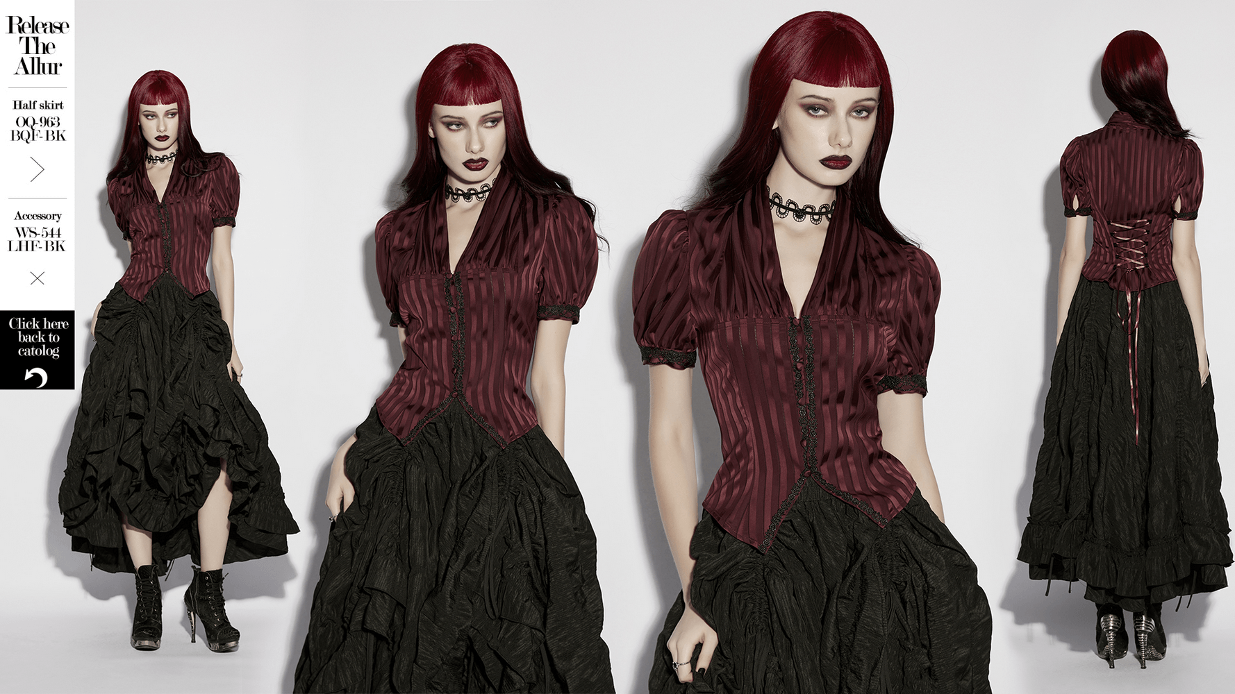 Burgundy Gothic Striped Lace-Up Puff Sleeve Shirt with lace trim and vintage elegance.