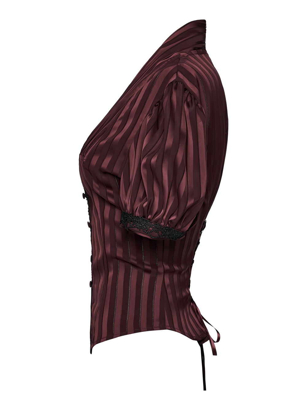 Burgundy Gothic Striped Lace-Up Puff Sleeve Shirt displayed from the side, featuring lace trim and striped design.