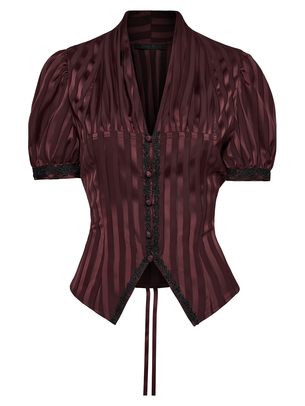 Burgundy Gothic Striped Lace-Up Puff Sleeve Shirt with lace trim and V-neck design, featuring elegant puff sleeves.