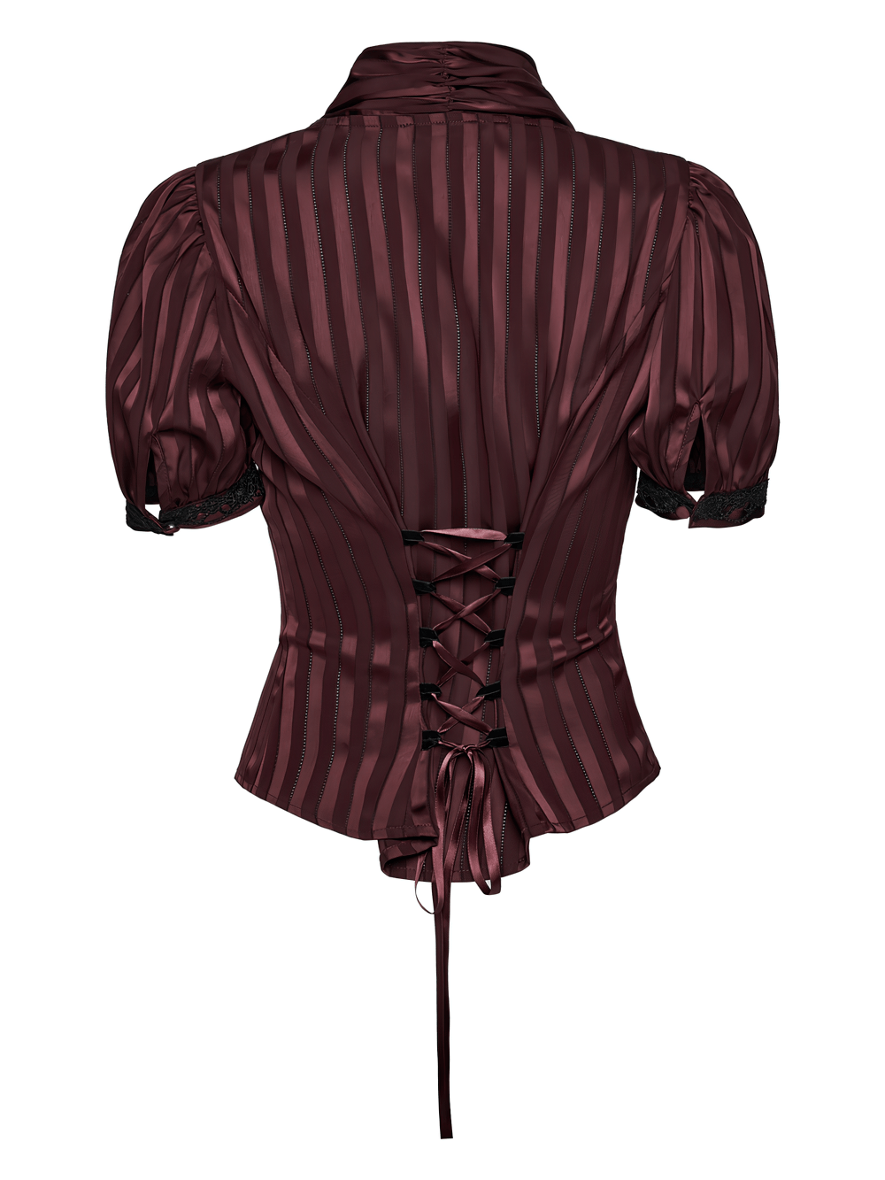 Burgundy Gothic Striped Lace-Up Puff Sleeve Shirt with lace-up back and refined structure.