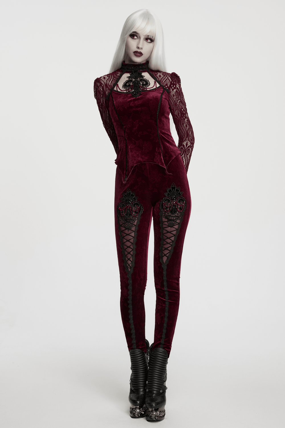 Burgundy Gothic Velvet Lace Top with Corset Back, black lace sleeves and Victorian-inspired bead details for dark romantic style